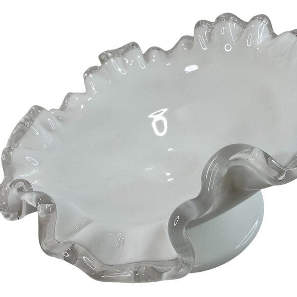 VTG FENTON Silver Crest Milk Glass Pedestal Bowl Candy Dish Clear Ruffle Edge 7" - Picture 6 of 10